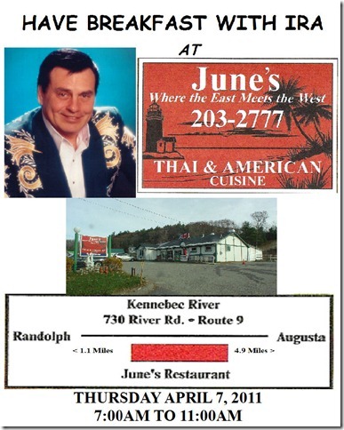 Join Ira at June\'s Cafe in Augusta, ME Thurs April 7, 2011 from 7:00 to 11:00 AM